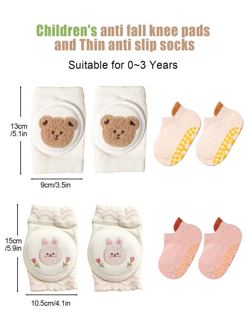 URbazaar 2 Set Unisex Baby Crawling Anti-Slip Knee Pads and Socks Set,Save Toddler Boy Girl 1-3 year Knee and Ankle（Kitten and Bunny） - Image 2