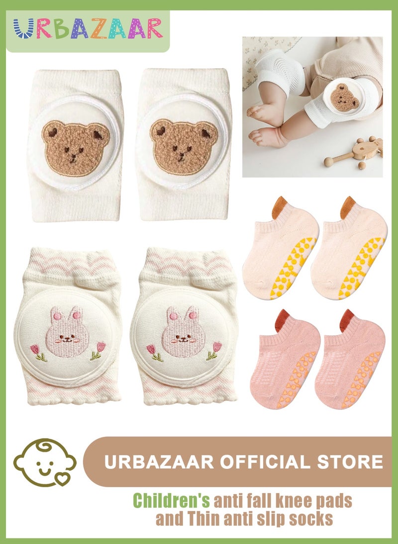 URbazaar 2 Set Unisex Baby Crawling Anti-Slip Knee Pads and Socks Set,Save Toddler Boy Girl 1-3 year Knee and Ankle（Kitten and Bunny） - Image 1