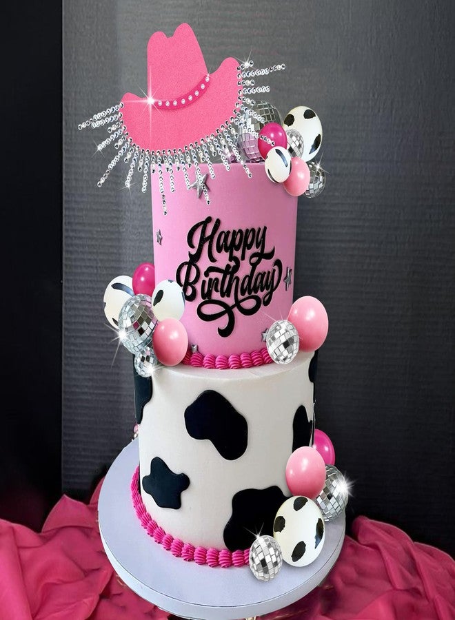 DRWATE Cowgirl Cake Topper Hot Pink Cake Decoration Shiny Cowgirl Hat Disco Balls for Western Theme Cowgirl Birthday Supplies (01) - Image 1