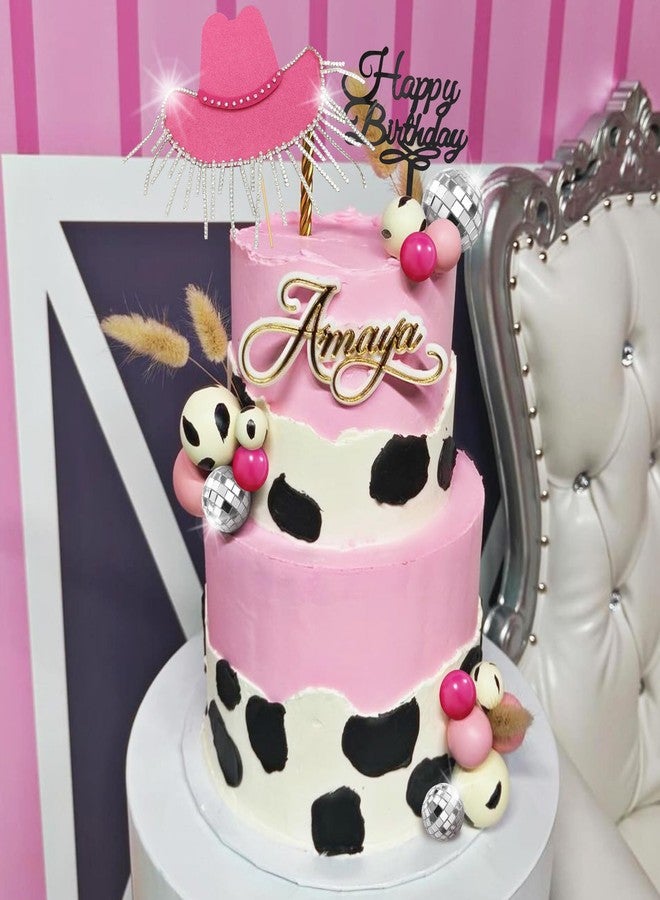 DRWATE Cowgirl Cake Topper Hot Pink Cake Decoration Shiny Cowgirl Hat Disco Balls for Western Theme Cowgirl Birthday Supplies (01) - Image 4