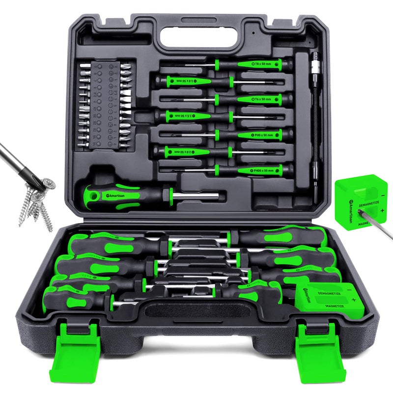 Amartisan Magnetic Screwdrivers Set with Case Amartisan 43piece Includs Slotted Phillips Hex PozidrivTorx and Precision Screwdriver Set Magnetizer Demagnetizer Tools Tools for Men Green - Image 2