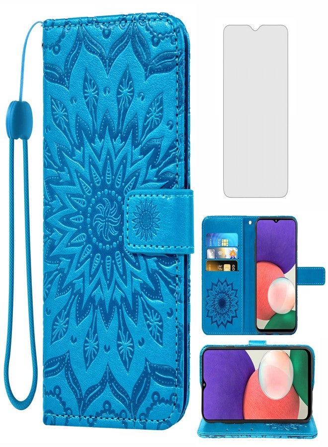 Asuwish Phone Case for Samsung Galaxy A22 5G Wallet Cases with Tempered Glass Screen Protector and Sunflower Leather Slim Flip Cover Card Holder Stand Cell Accessories Glaxay A 22 22A G5 Women Men Blue - Image 1