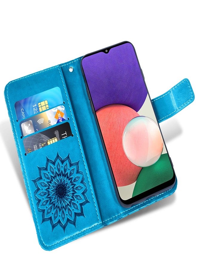 Asuwish Phone Case for Samsung Galaxy A22 5G Wallet Cases with Tempered Glass Screen Protector and Sunflower Leather Slim Flip Cover Card Holder Stand Cell Accessories Glaxay A 22 22A G5 Women Men Blue - Image 3