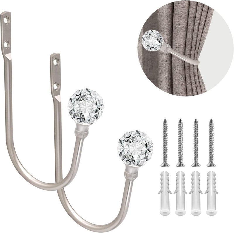 KOLAKO Curtain Drapery Holdbacks, Curtain Tieback Hooks with Crystal Ball, U Shaped Curtain Holders Wall Mounted Curtain Holdbacks, Heavy Duty Window Treatment Holdbacks for Home - Image 1