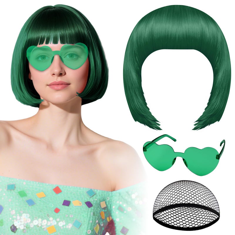 PLULON Hot Pink-Color Bob Wig with Heart Sunglasses Neon Colored Party Wig - Image 1