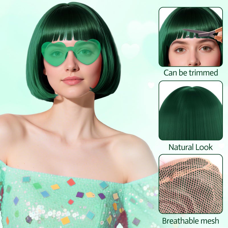 PLULON Hot Pink-Color Bob Wig with Heart Sunglasses Neon Colored Party Wig - Image 4