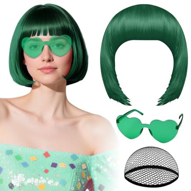 PLULON Hot Pink-Color Bob Wig with Heart Sunglasses Neon Colored Party Wig - Image 2