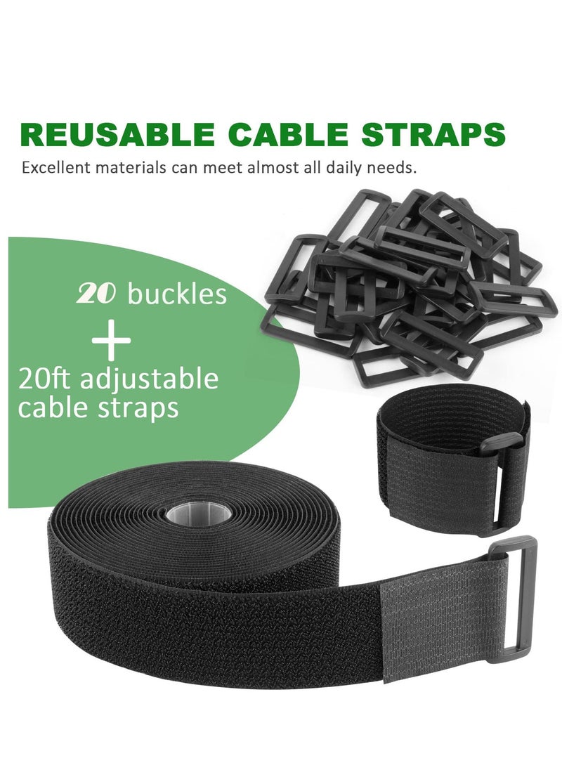 Peachjoy - Adjustable Cable Straps, Velcro Cable Ties, 2''*16.4ft Hook and Loop Straps with 20 Buckles, Free Cut Self Securing Strap, Reusable Nylon Securing Cord Ties for Cable Organiser Storage - Image 1