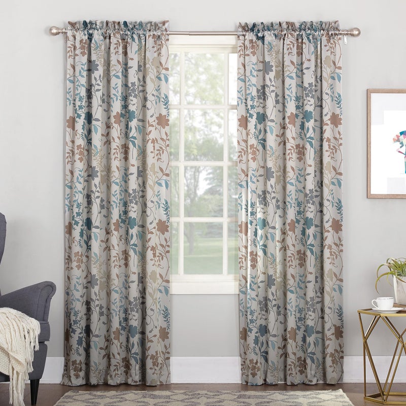 Sun Zero Kara Floral Print Energy Efficient Rod Pocket Single Curtain Panel, 54" x 84", Stone - Image 1