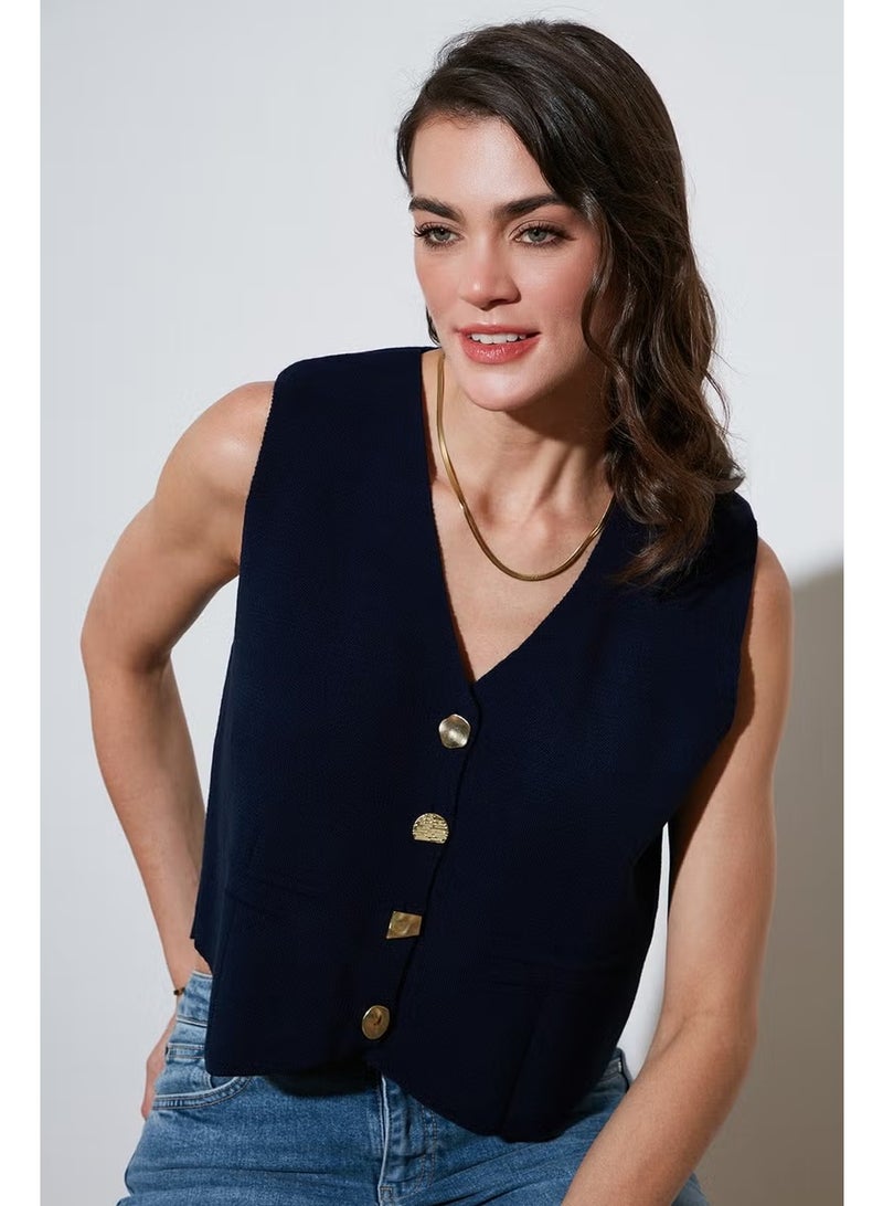 Lela Standard Fit V Neck Buttoned Knitwear Vest Women's VEST 4616177 - Image 1