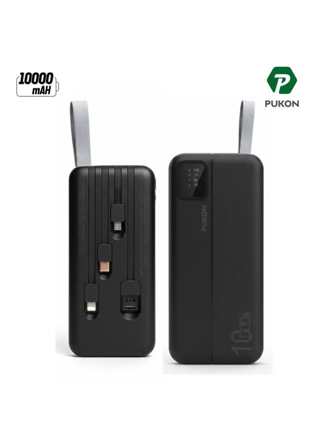10000mAh Power Bank With Built-In Lightning Type-C & Micro USB Cables Fast Charging Portable Charger With LED Display & Carry Strap Black 1 Year Warranty