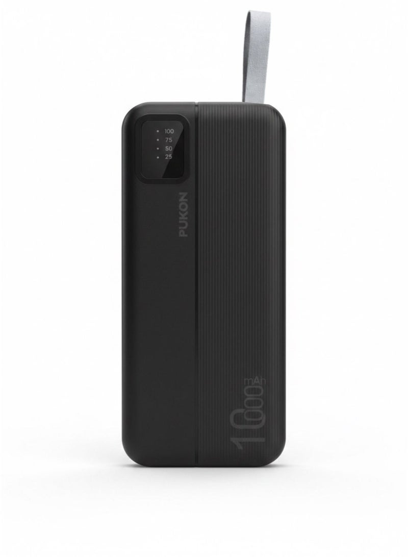 PUKON 10000mAh Power Bank With Built-In Lightning Type-C & Micro USB Cables Fast Charging Portable Charger With LED Display & Carry Strap Black 1 Year Warranty - Image 2