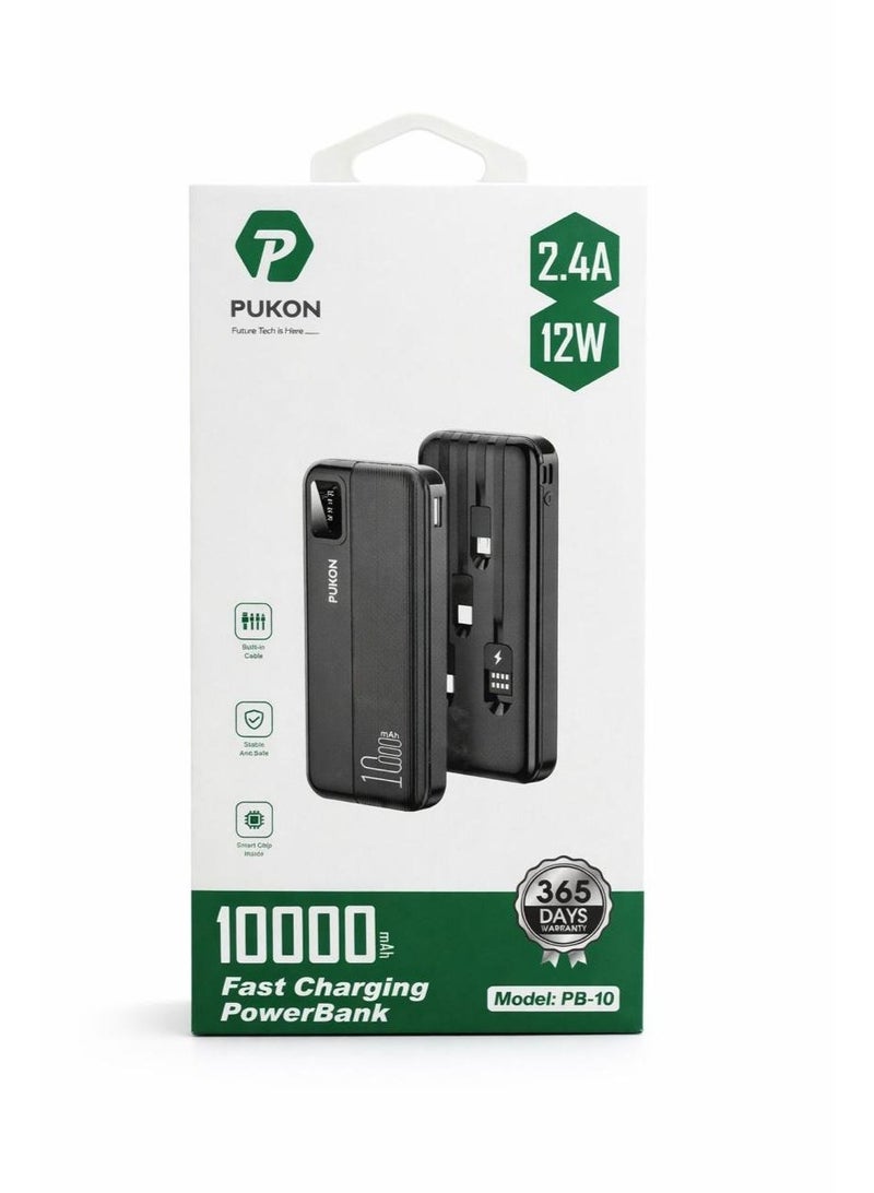 PUKON 10000mAh Power Bank With Built-In Lightning Type-C & Micro USB Cables Fast Charging Portable Charger With LED Display & Carry Strap Black 1 Year Warranty - Image 3