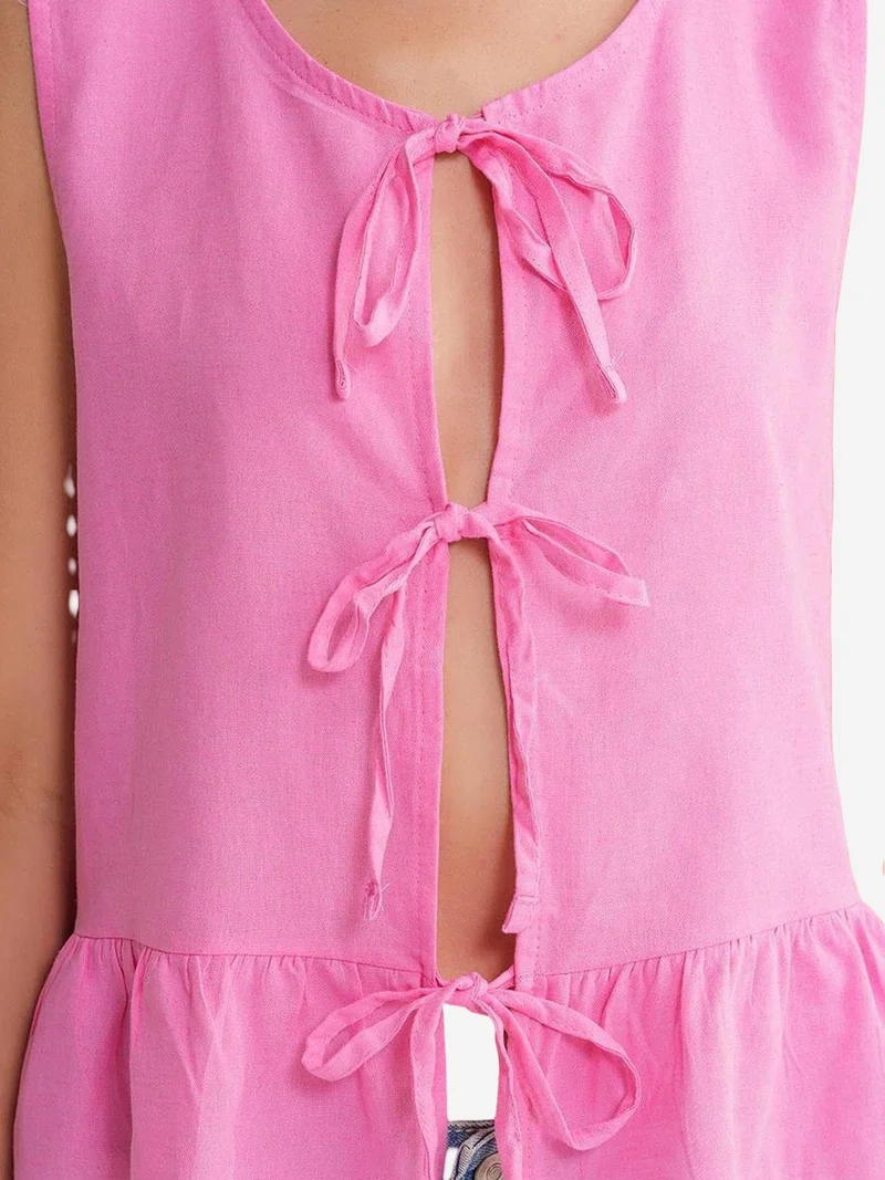 Mixray Powder Pink Mixray Frilly Tie Front Blouse for Women | Best Price UAE