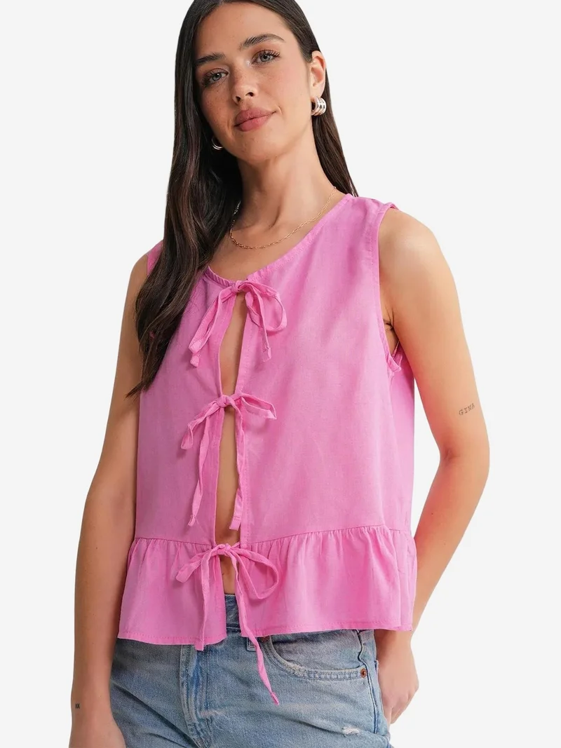 Mixray Powder Pink Mixray Frilly Tie Front Blouse for Women | Best Price UAE
