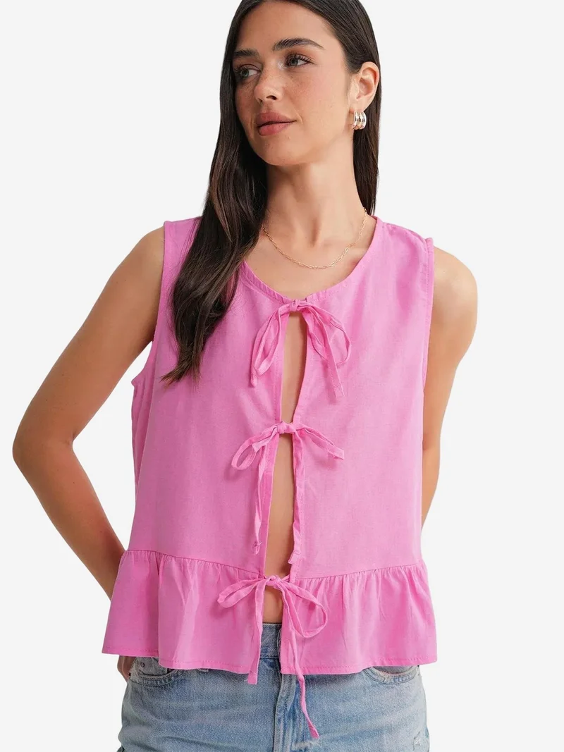 Mixray Powder Pink Mixray Frilly Tie Front Blouse for Women | Best Price UAE