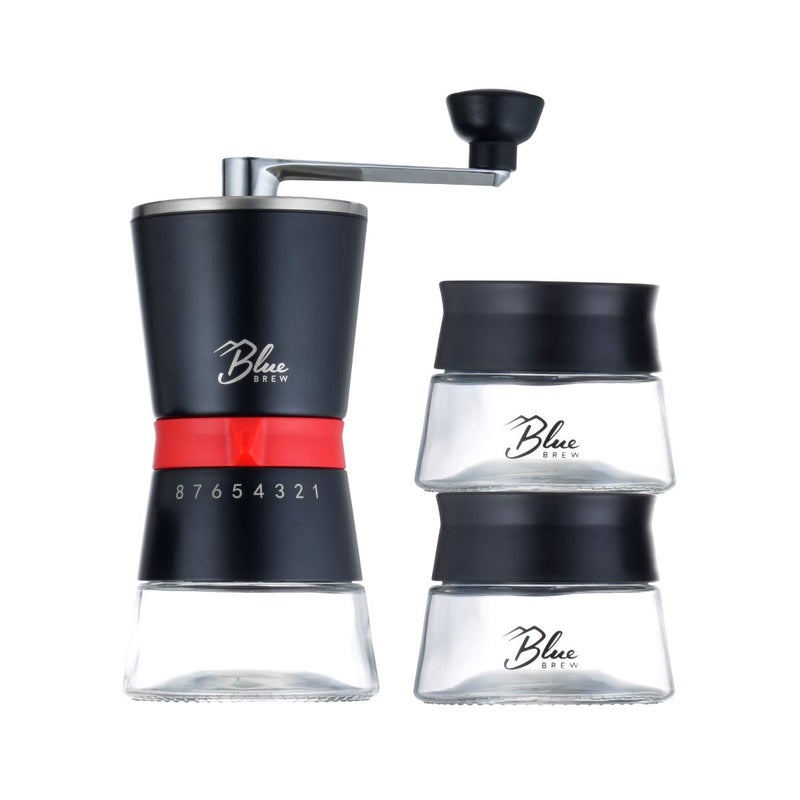 Blue Brew Coffee Grinder Manual Hand Coffee Grinder wCeramic Burr 15 Adjustable Coarseness 2 Airtight Glass Jar with Lid Portable Conical Burr Coffee Grinder for Camping HomeTraveling BB1007