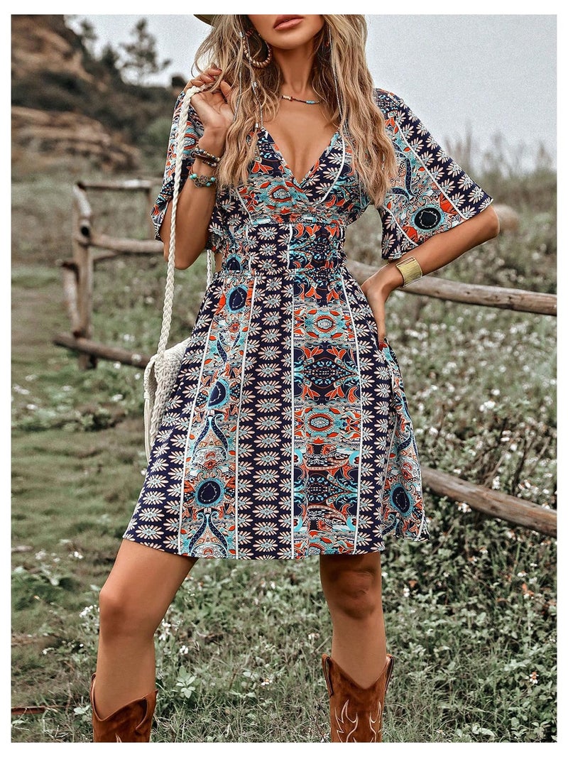 BEAUDRM Women's Vintage Western Dress Floral Cowgirl Outfits Country Mini Summer Flowy Boho Dress Multicolor Large - Image 2