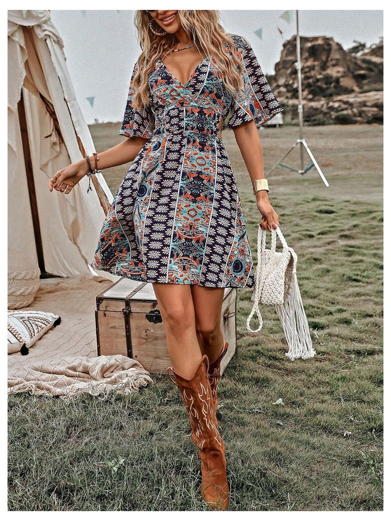 BEAUDRM Women's Vintage Western Dress Floral Cowgirl Outfits Country Mini Summer Flowy Boho Dress Multicolor Large - Image 5