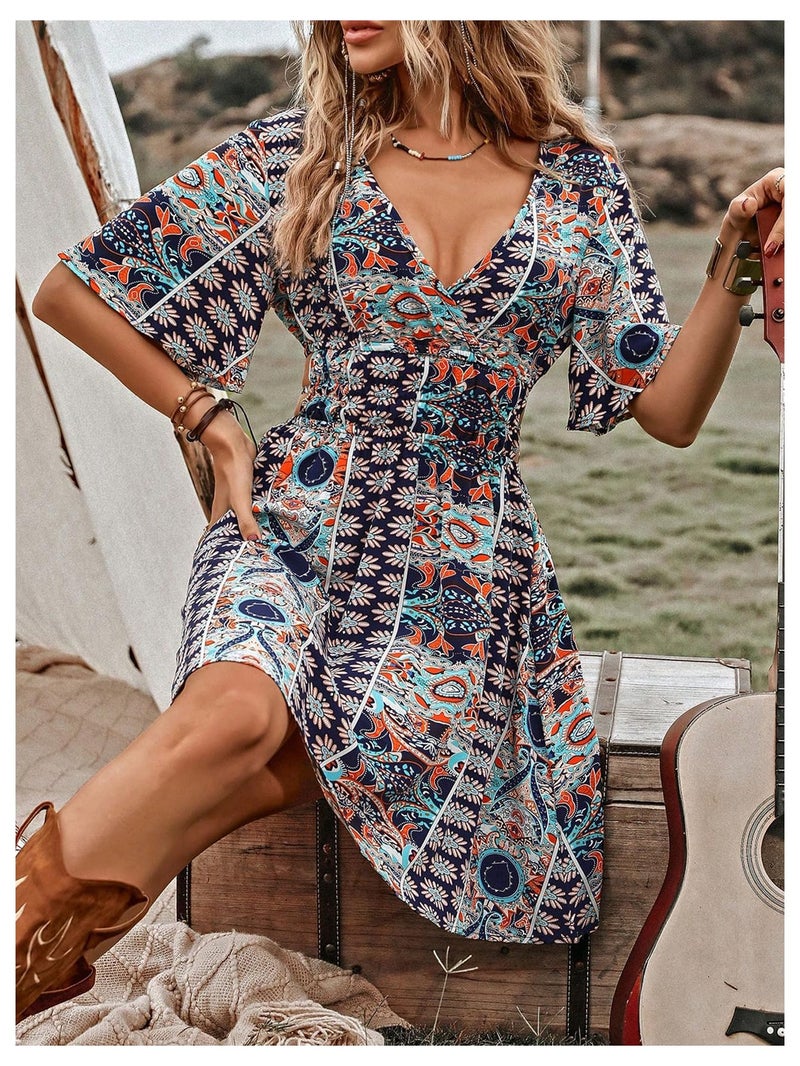BEAUDRM Women's Vintage Western Dress Floral Cowgirl Outfits Country Mini Summer Flowy Boho Dress Multicolor Large - Image 4