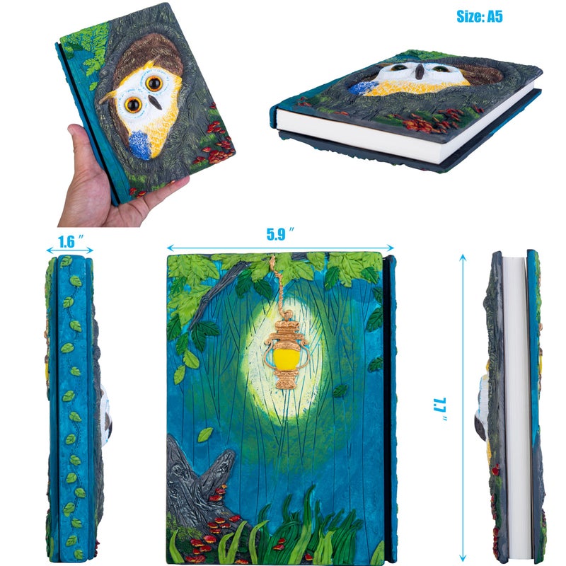 LZlightactor Handmade Cute Owl in Tree Hole 3D Journal,Resin Engraving Notebook,Hardcover Travel Diary for Writing,Sketchbook,Collection,Gift,Decoration Diary for Man And Woman A5 Size ï¼ˆwhiteï¼‰ (White) - Image 2
