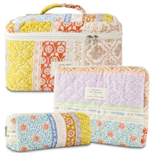 GISMTR 3Pcs Makeup Bag Cotton Quilted Travel Cosmetic Bag Cute Floral Makeup Pouch Large Toiletry Bag for Women Girls Flower stitching - Image 1