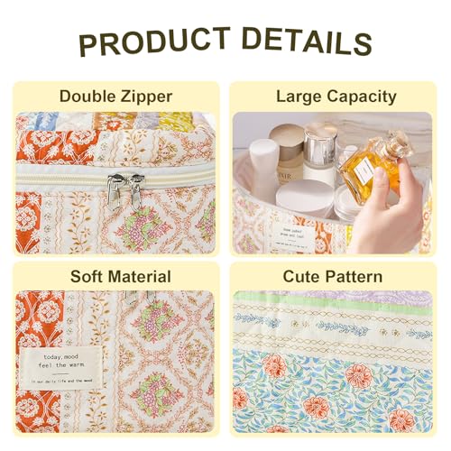 GISMTR 3Pcs Makeup Bag Cotton Quilted Travel Cosmetic Bag Cute Floral Makeup Pouch Large Toiletry Bag for Women Girls Flower stitching - Image 3
