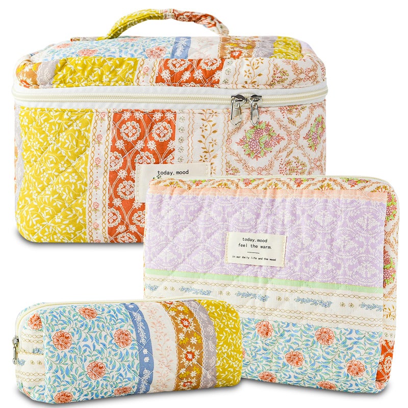 GISMTR 3Pcs Makeup Bag Cotton Quilted Travel Cosmetic Bag Cute Floral Makeup Pouch Large Toiletry Bag for Women Girls Flower stitching - Image 2