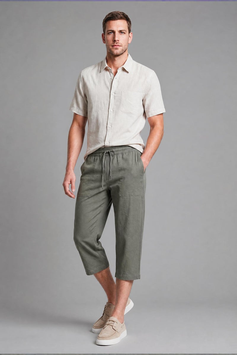 DeFacto Green Man Regular Fit Elastic Tie Waist Cotton Capri Trousers Casual - Image 1