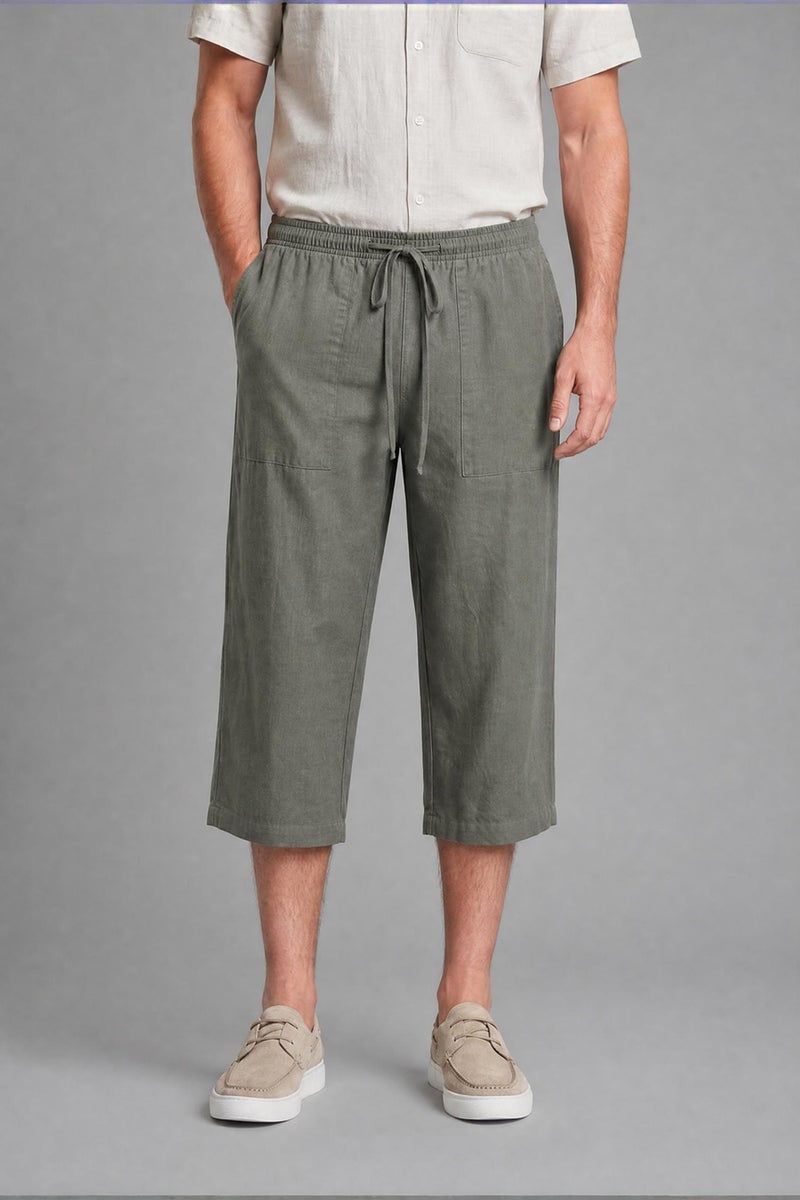DeFacto Green Man Regular Fit Elastic Tie Waist Cotton Capri Trousers Casual - Image 4
