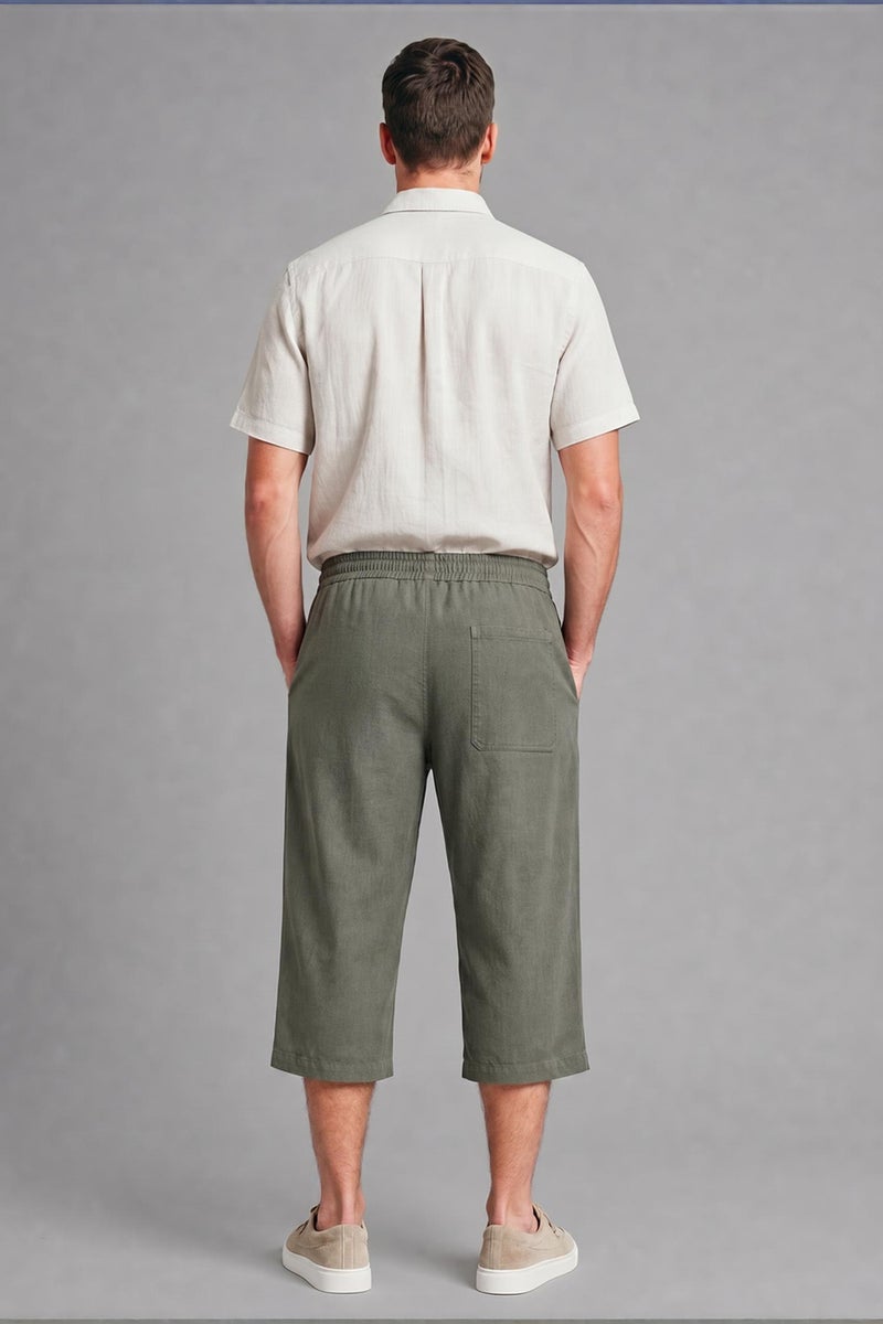 DeFacto Green Man Regular Fit Elastic Tie Waist Cotton Capri Trousers Casual - Image 3