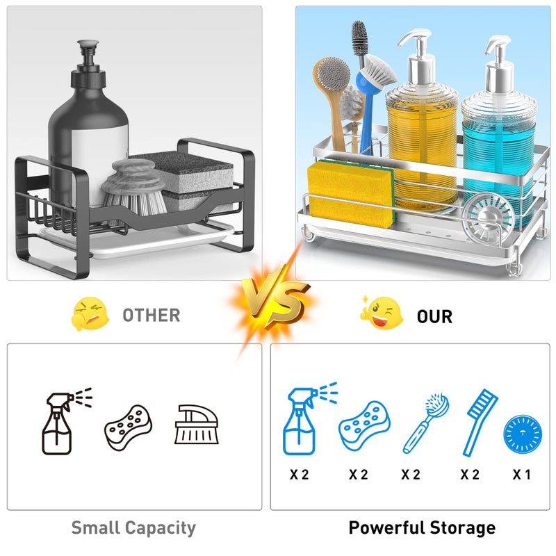 Cisily Stainless Steel Sponge Holder for Kitchen, Sink Caddy Sink Organizer Rack for Kitchen Accessories with Drip Tray, Rustproof and Non-slip, Dish Soap Dispenser Countertop Organizer - Image 2