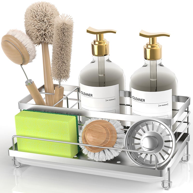 Cisily Stainless Steel Sponge Holder for Kitchen, Sink Caddy Sink Organizer Rack for Kitchen Accessories with Drip Tray, Rustproof and Non-slip, Dish Soap Dispenser Countertop Organizer - Image 1