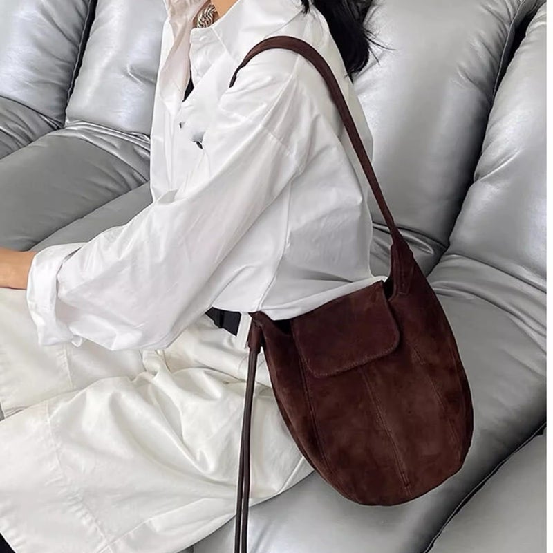 Retro Faux Suede Bucket Bag for Women - Image 3