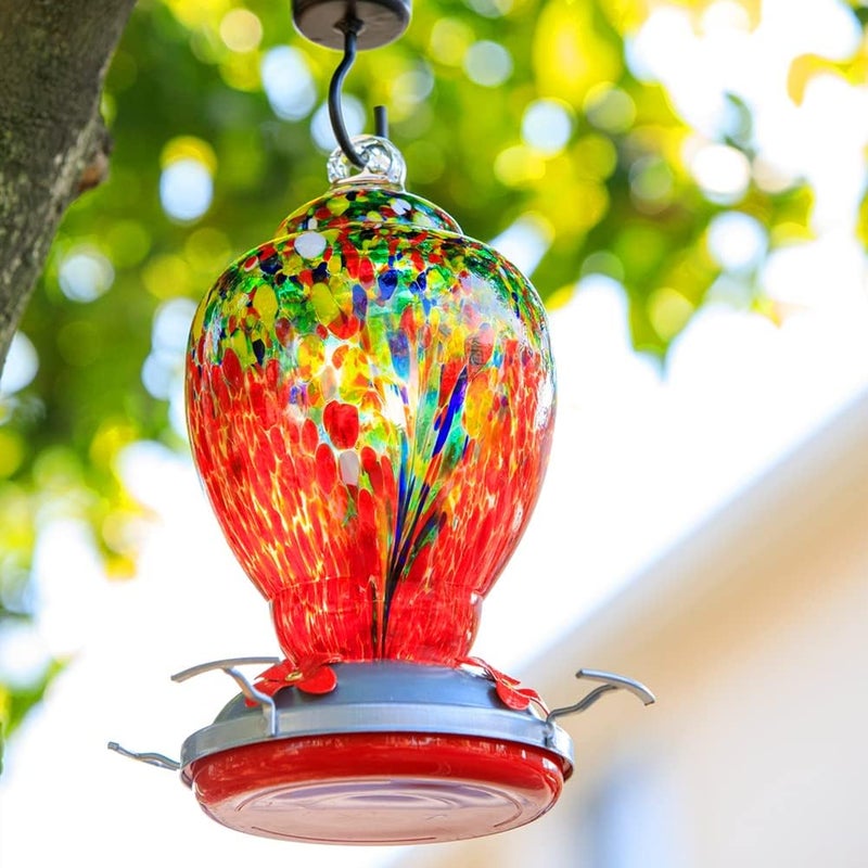 WOSIBO Hummingbird Feeder for Outdoors Patio Large 32 Ounces Colorful Hand Blown Glass Hummingbird Feeder with Ant Moat Hanging Hook, Rope, Brush and Service Card (Red-Sunrise) - Image 3