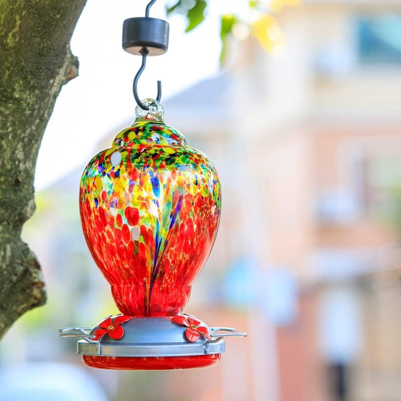 WOSIBO Hummingbird Feeder for Outdoors Patio Large 32 Ounces Colorful Hand Blown Glass Hummingbird Feeder with Ant Moat Hanging Hook, Rope, Brush and Service Card (Red-Sunrise) - Image 2