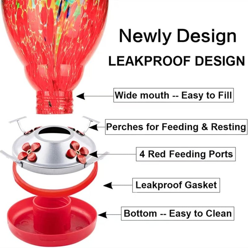 WOSIBO Hummingbird Feeder for Outdoors Patio Large 32 Ounces Colorful Hand Blown Glass Hummingbird Feeder with Ant Moat Hanging Hook, Rope, Brush and Service Card (Red-Sunrise) - Image 5