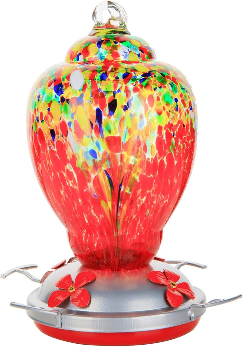 WOSIBO Hummingbird Feeder for Outdoors Patio Large 32 Ounces Colorful Hand Blown Glass Hummingbird Feeder with Ant Moat Hanging Hook, Rope, Brush and Service Card (Red-Sunrise) - Image 1