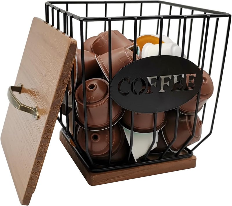 MFBJXC Square Coffee Pods Holder with Wooden Lid and Base,Large Capacity Wire Coffee Pods Storage Basket for Home Cafe Bar Countertop Decor(Black) - Image 2