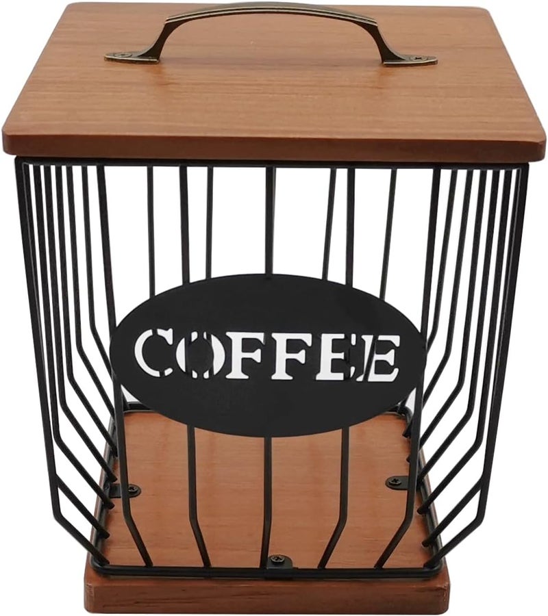 MFBJXC Square Coffee Pods Holder with Wooden Lid and Base,Large Capacity Wire Coffee Pods Storage Basket for Home Cafe Bar Countertop Decor(Black) - Image 1