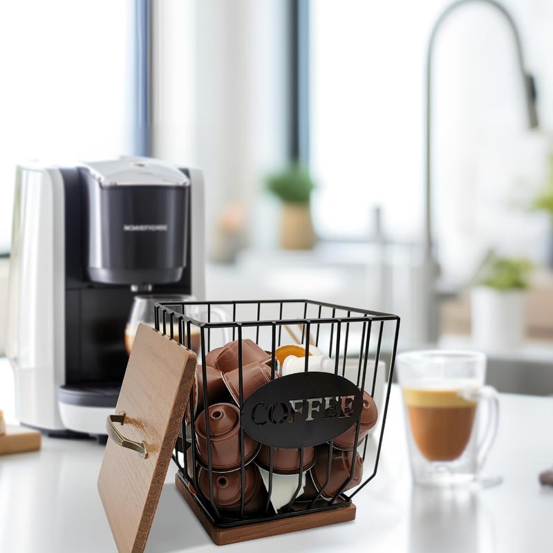 MFBJXC Square Coffee Pods Holder with Wooden Lid and Base,Large Capacity Wire Coffee Pods Storage Basket for Home Cafe Bar Countertop Decor(Black) - Image 5