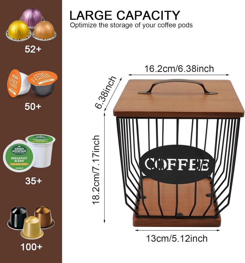 MFBJXC Square Coffee Pods Holder with Wooden Lid and Base,Large Capacity Wire Coffee Pods Storage Basket for Home Cafe Bar Countertop Decor(Black) - Image 4