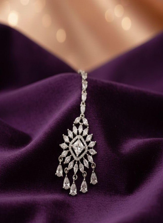 ZEELLO AD American Diamond Studded Maang Tikka for Women,Girls,Bridesmaids,Haldi,Mehandi,Wedding Forehead Jewellery - Image 5