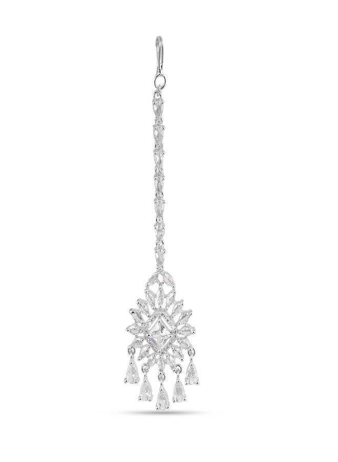 ZEELLO AD American Diamond Studded Maang Tikka for Women,Girls,Bridesmaids,Haldi,Mehandi,Wedding Forehead Jewellery - Image 1