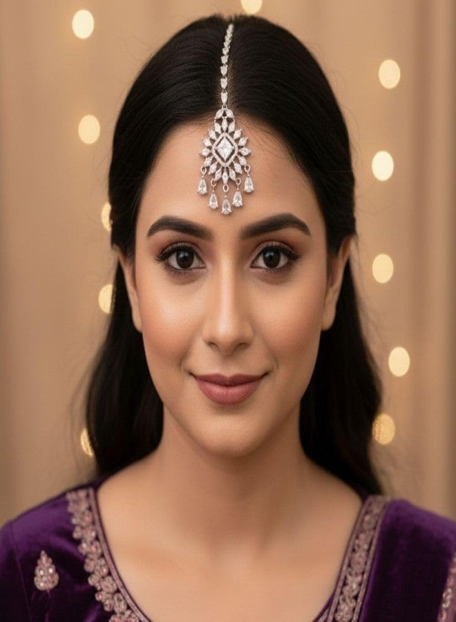 ZEELLO AD American Diamond Studded Maang Tikka for Women,Girls,Bridesmaids,Haldi,Mehandi,Wedding Forehead Jewellery - Image 3