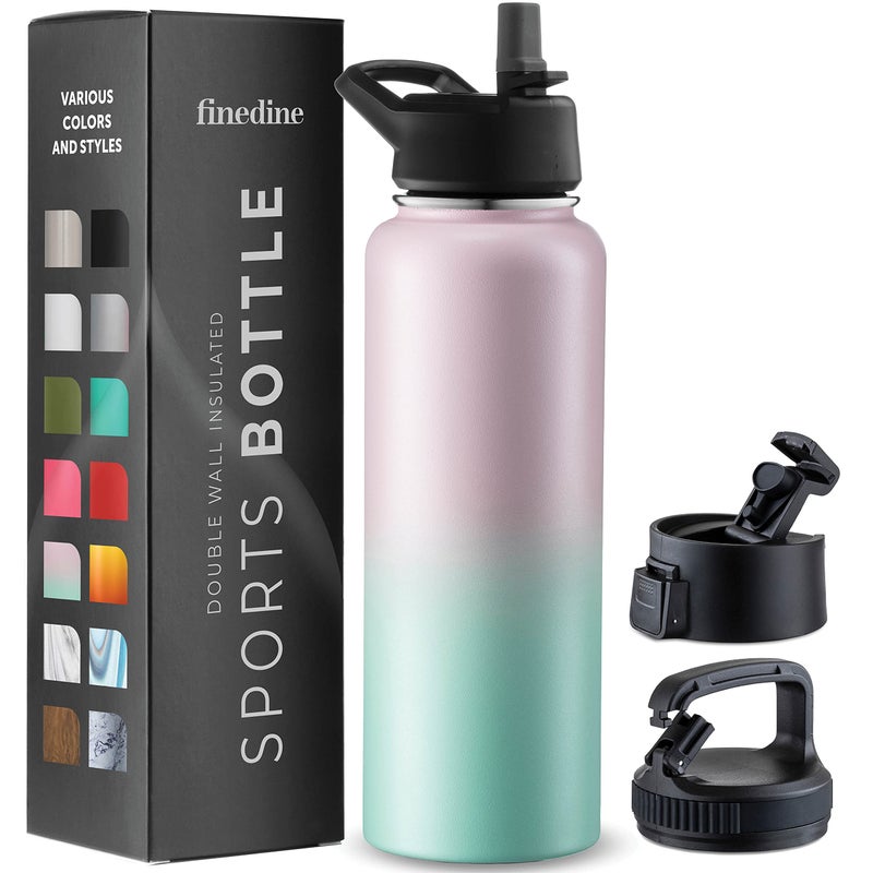 FineDine Water Bottle  Stainless Steel Insulated Water Bottle with Straw Lid Flip Lid  WideMouth Cap  Keeps Hot and Cold  40 Oz  118L  Dreamy PinkGreen
