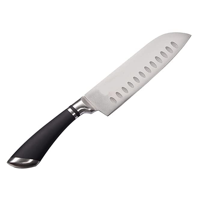 Lellow Japanese Santoku Chef Knife Hollow Sharp Edge Stainless Steel Black Silicone Handle Dicing Chopping Cutting for Home Kitchen - Image 1