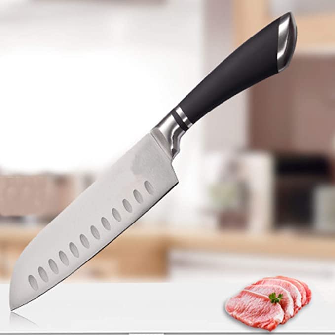 Lellow Japanese Santoku Chef Knife Hollow Sharp Edge Stainless Steel Black Silicone Handle Dicing Chopping Cutting for Home Kitchen - Image 2