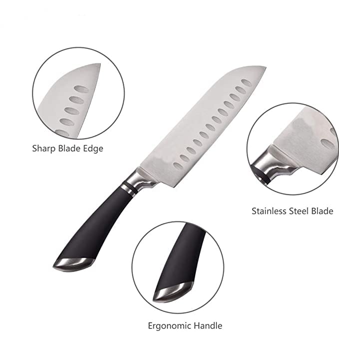 Lellow Japanese Santoku Chef Knife Hollow Sharp Edge Stainless Steel Black Silicone Handle Dicing Chopping Cutting for Home Kitchen - Image 3