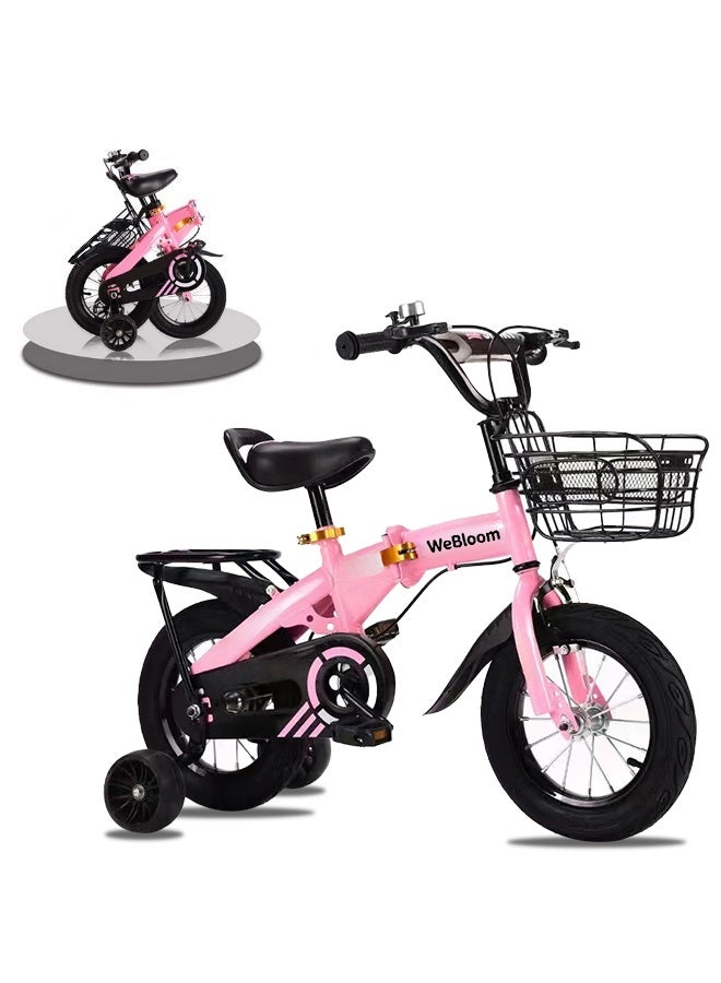 WeBloom 12 Inch Foldable Kids Bike for 2-5 Years Old Boys & Girls - Carbon Steel Frame with Height-Adjustable Seat,Flashing Training Wheels, Back Seat, Removable Basket & Anti-Slip Grips - Image 1
